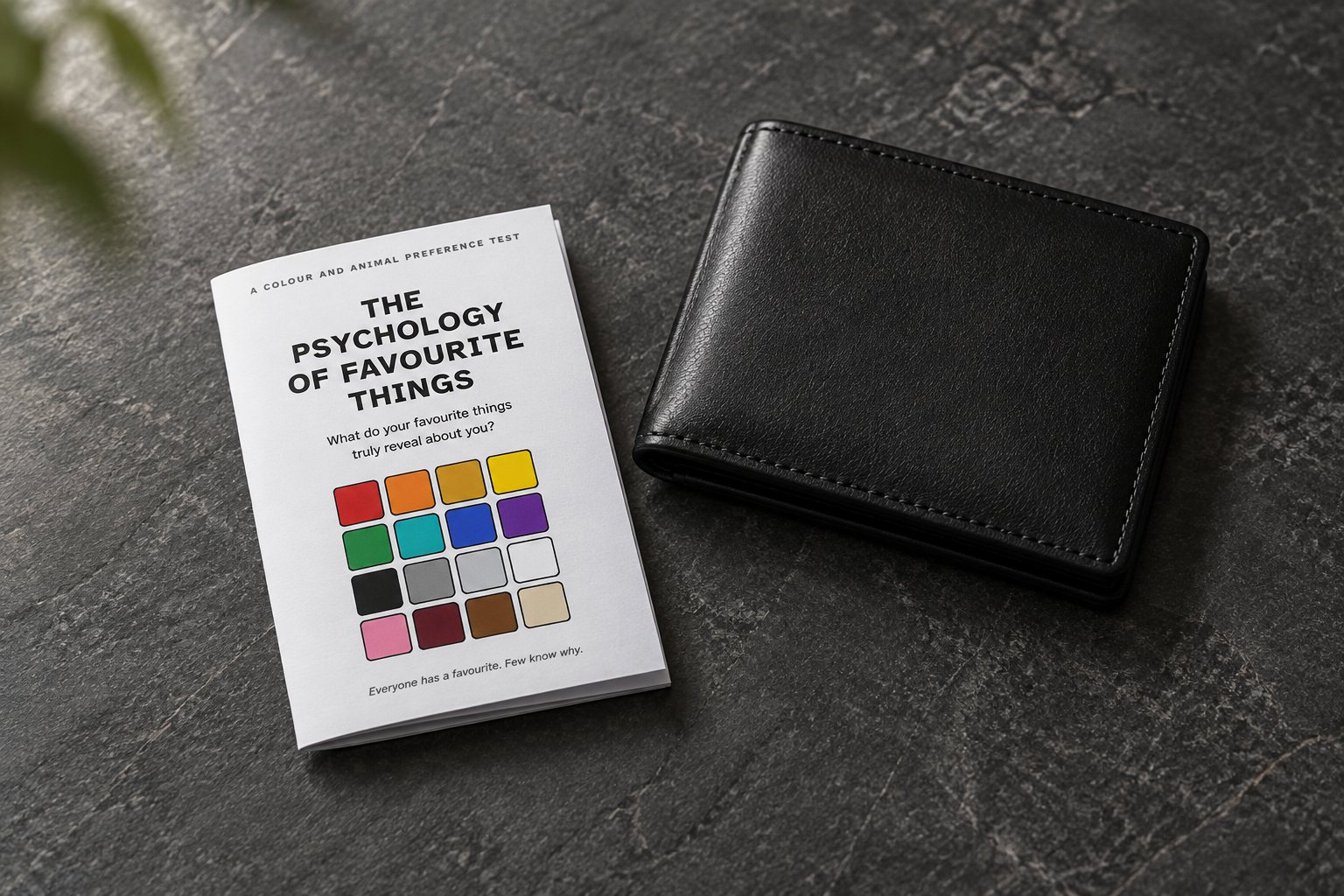 Illustrative folded zine beside a wallet