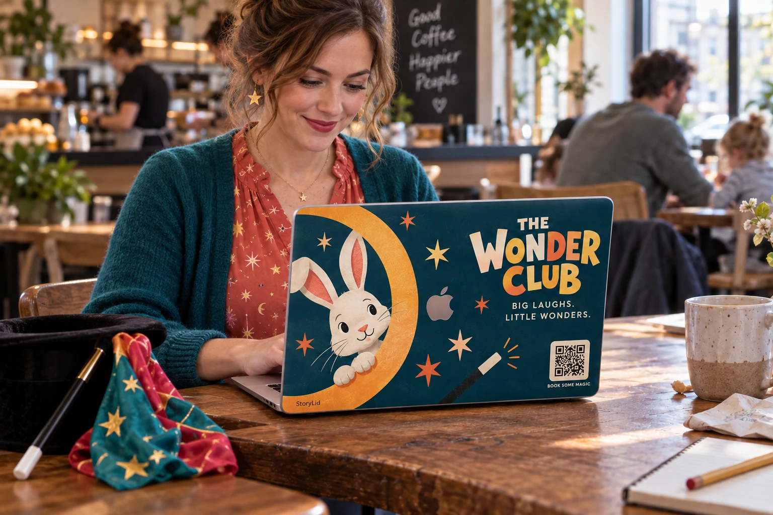 Colourful children’s magician laptop skin concept in a café