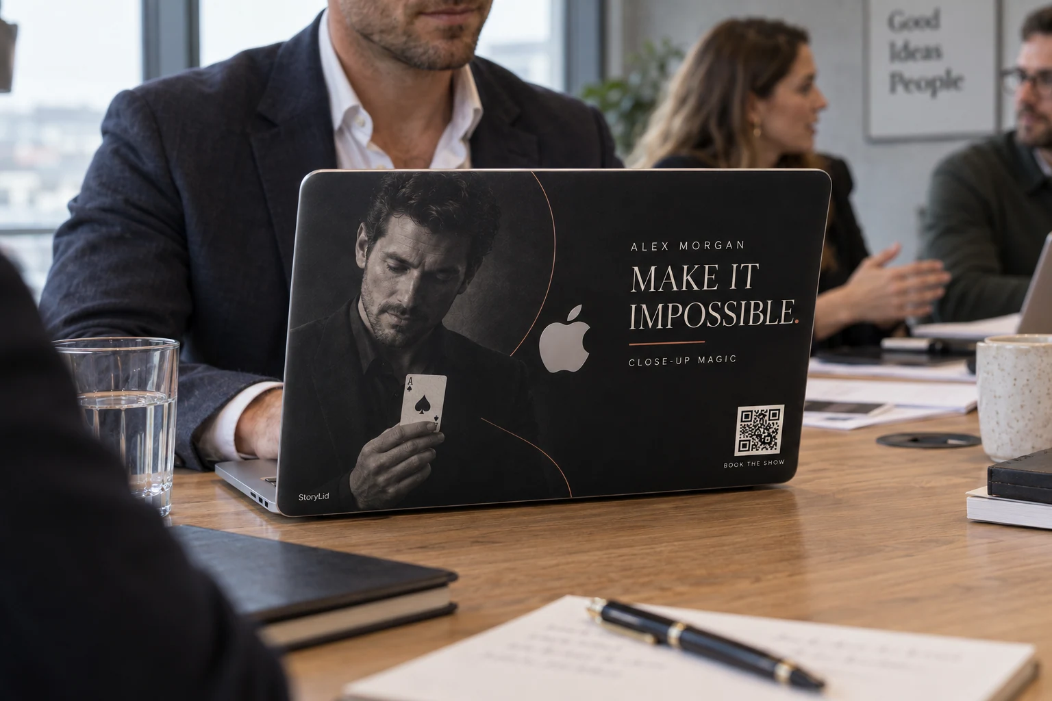 Corporate magician laptop skin concept in a business meeting